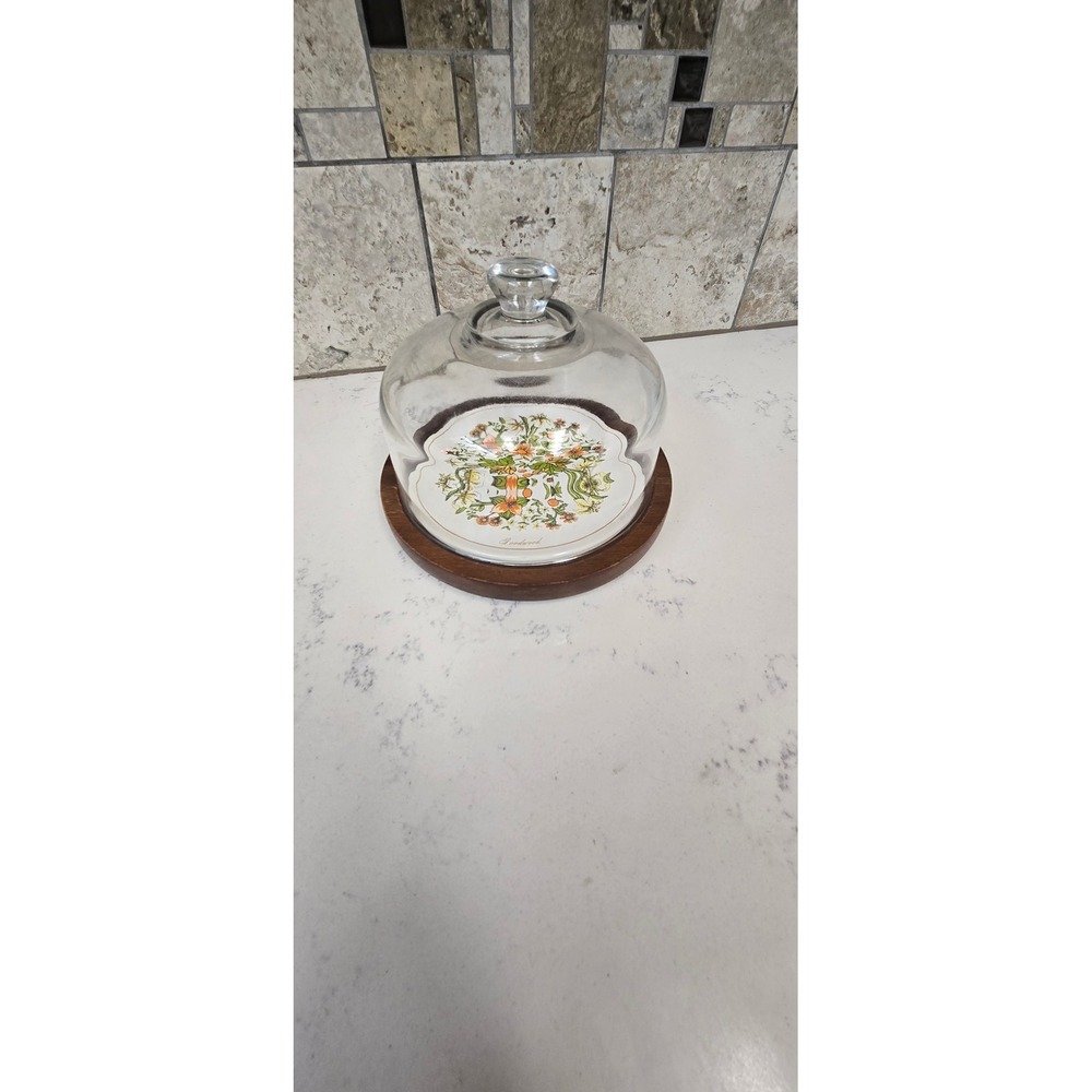 Vintage Goodwood Cheese Board Glass Cloche Floral Ceramic Tile Wood Base 70s MCM